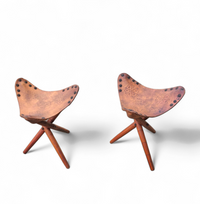 2 x Matching Vintage Tooled Leather Tripod Chair / Camp Chair /