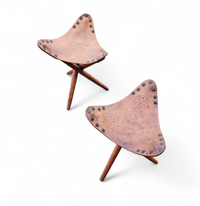 2 x Matching Vintage Tooled Leather Tripod Chair / Camp Chair /