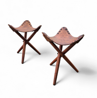 2 x Matching Vintage Tooled Leather Tripod Chair / Camp Chair /