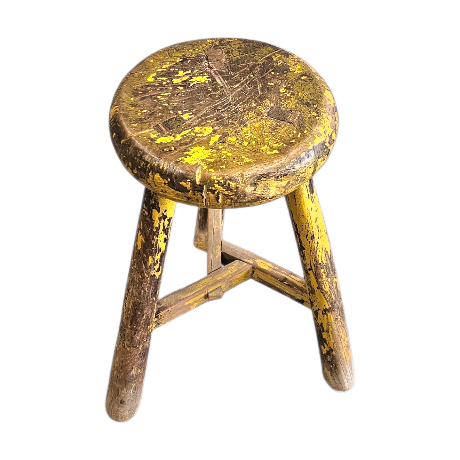 Primitive wooden tripod stool /  height 52 cm