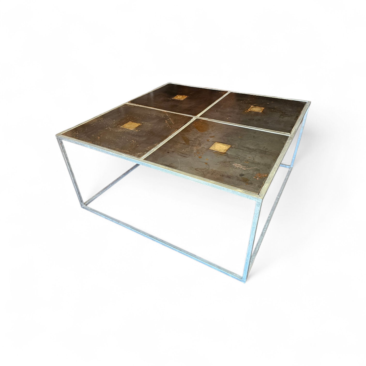 One of a kind brutalist coffee table 1980s with weighty metal / copper / steel tops /