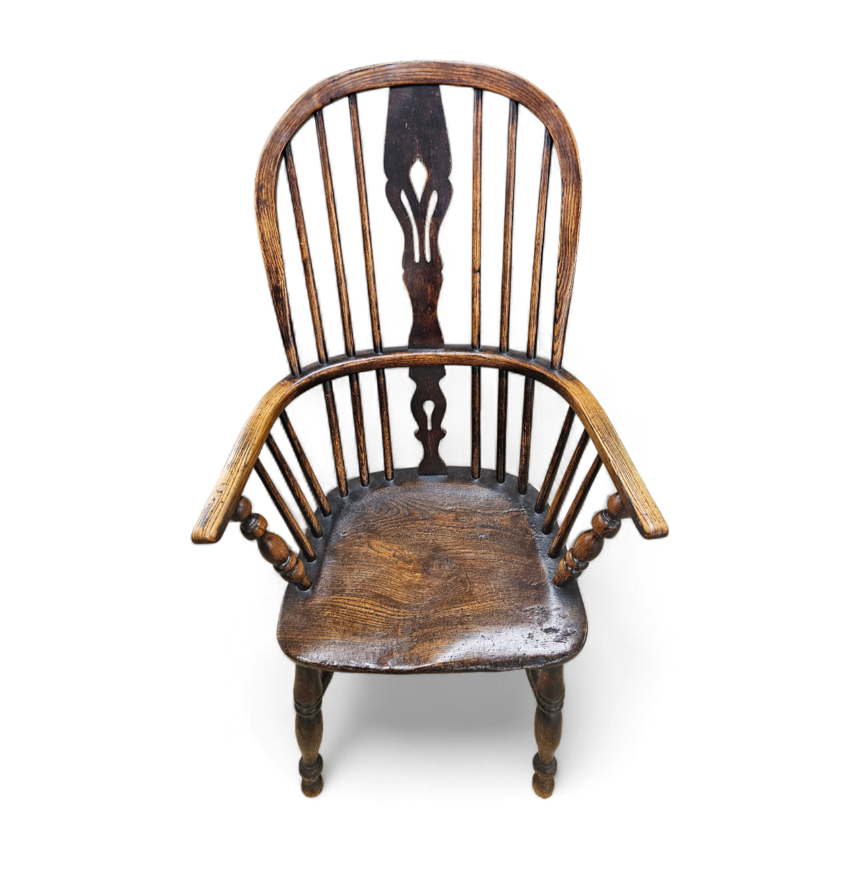4 x Antique Windsor 2 Low / 2 high Spindle Back Arm Chair In Elm Wood / 19th Century