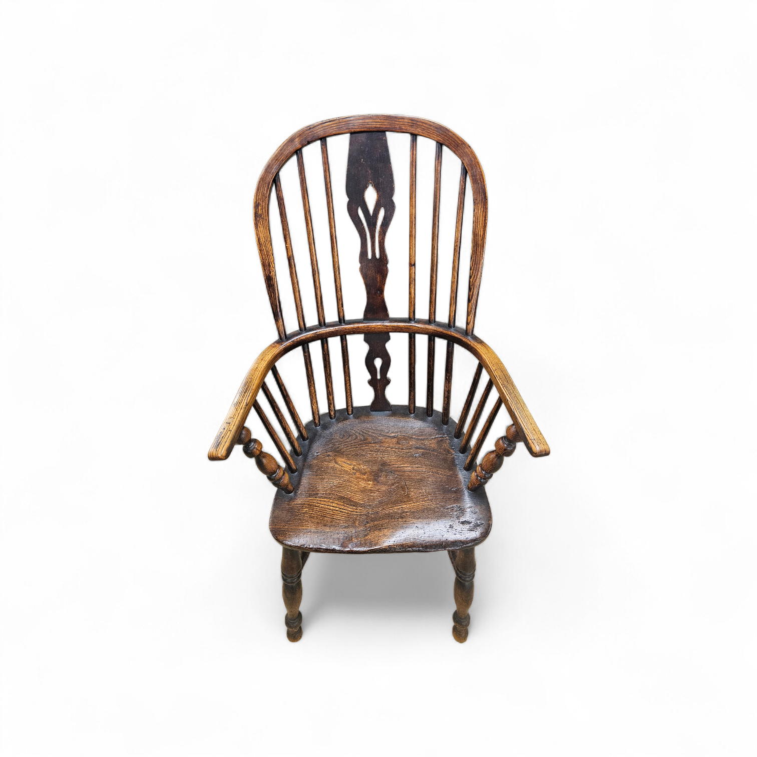 4 x Antique Windsor 2 Low / 2 high Spindle Back Arm Chair In Elm Wood / 19th Century