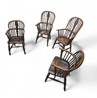 4 x Antique Windsor 2 Low / 2 high Spindle Back Arm Chair In Elm Wood / 19th Century