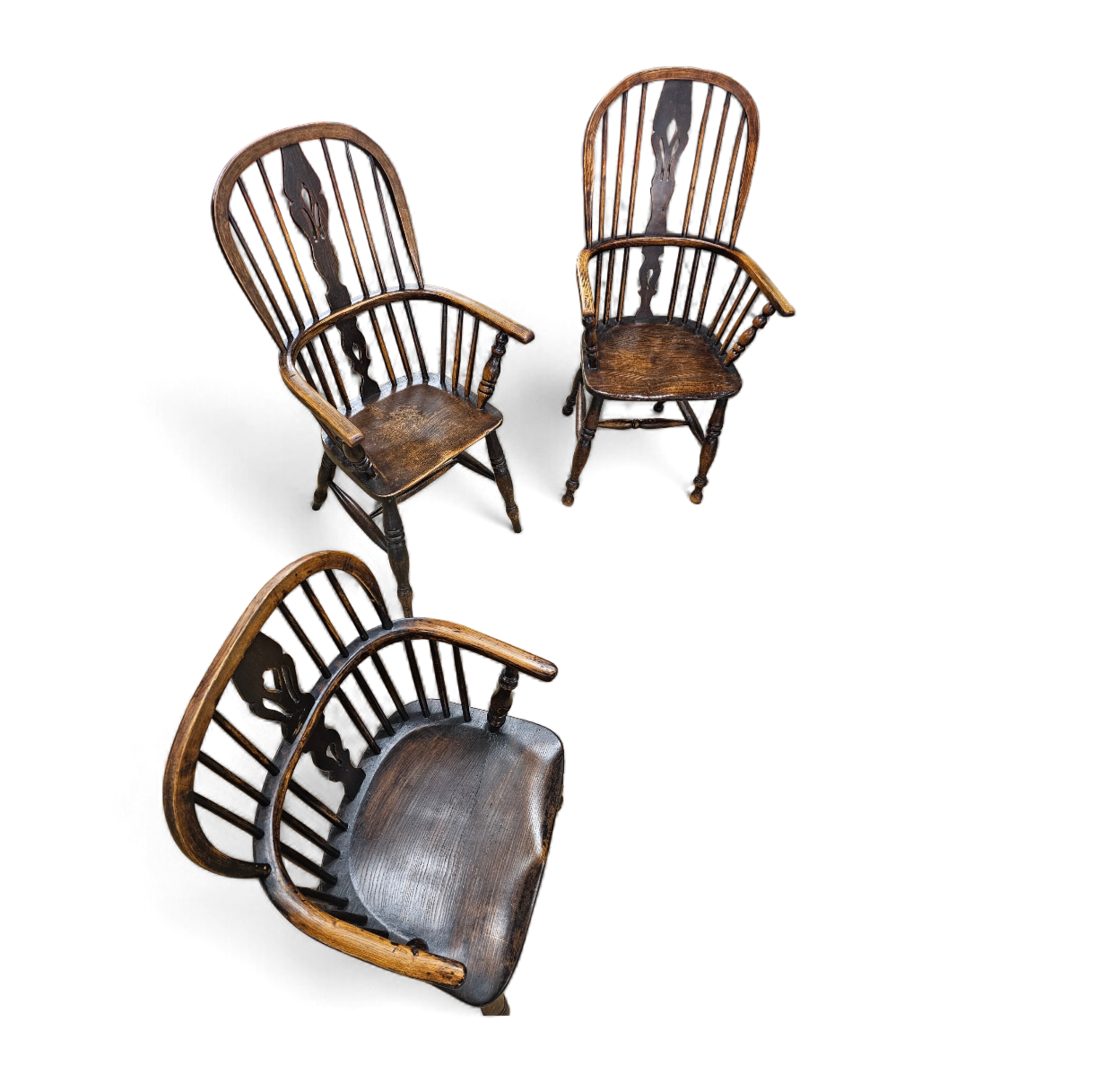 4 x Antique Windsor 2 Low / 2 high Spindle Back Arm Chair In Elm Wood / 19th Century