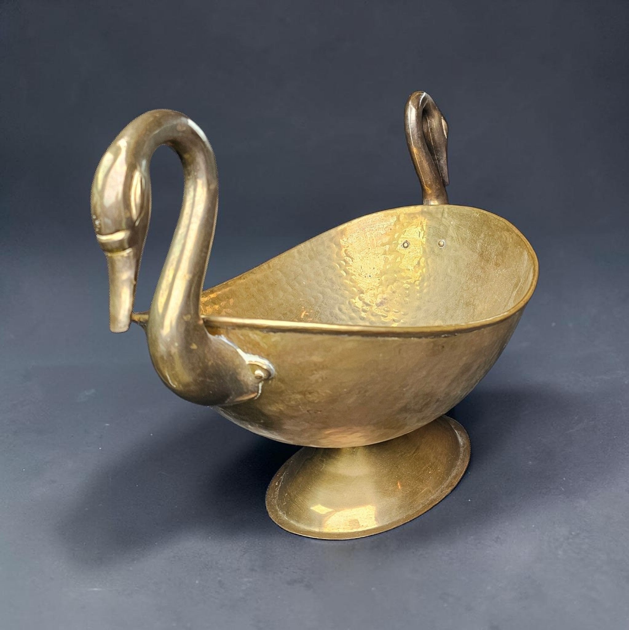 Oval Beaten Brass Dish with Swan handles