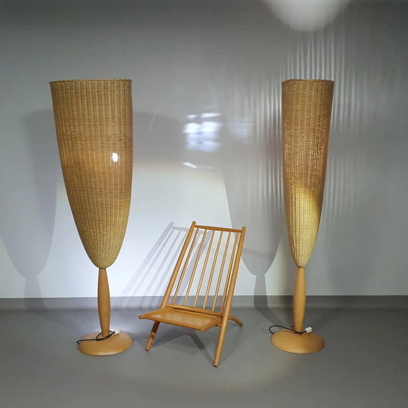 2 x Marco Agnoli for Pierantonio Bonacina XL / Flûte Floor Lamp in Cane / wicker and Wood