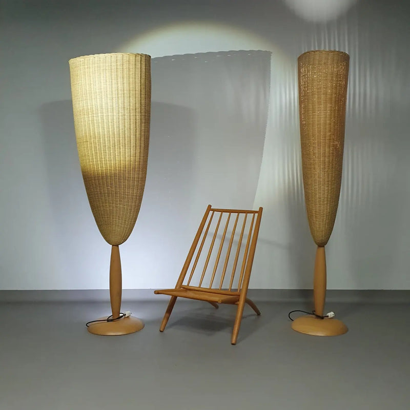 2 x Marco Agnoli for Pierantonio Bonacina XL / Flûte Floor Lamp in Cane / wicker and Wood