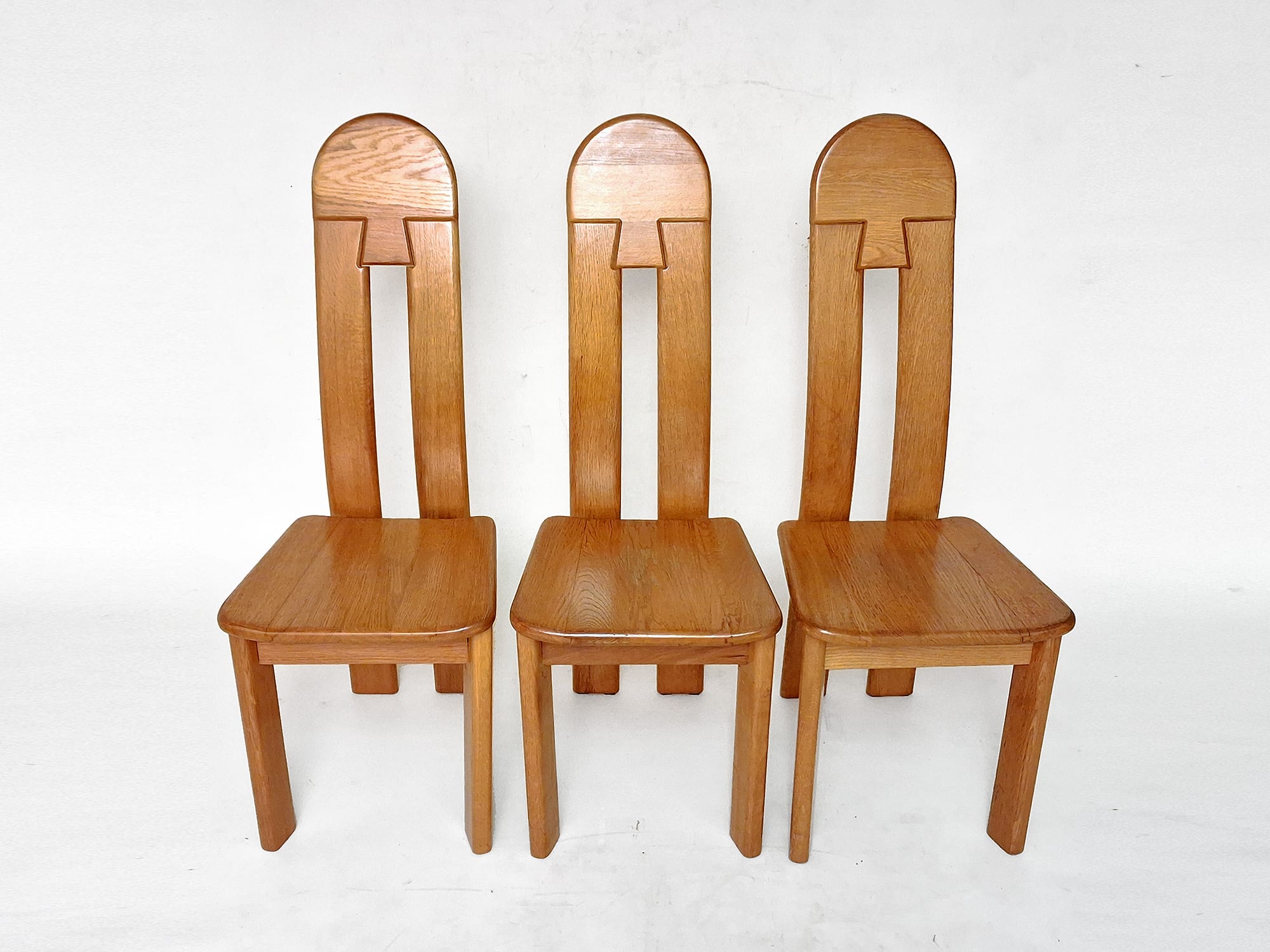 6 x De Puydt Rapsodie oak Brutalist dining chair from the 1970s.