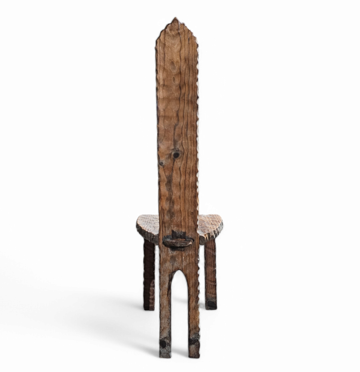 Brutalist primitive hall chair / hand-carved from solid wood and detailed with beautiful gouge woodwork