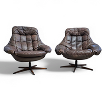 Danish Leather Swivel Lounge Chairs by H.W. Klein for Bramin, 1960s