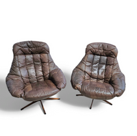 Danish Leather Swivel Lounge Chairs by H.W. Klein for Bramin, 1960s