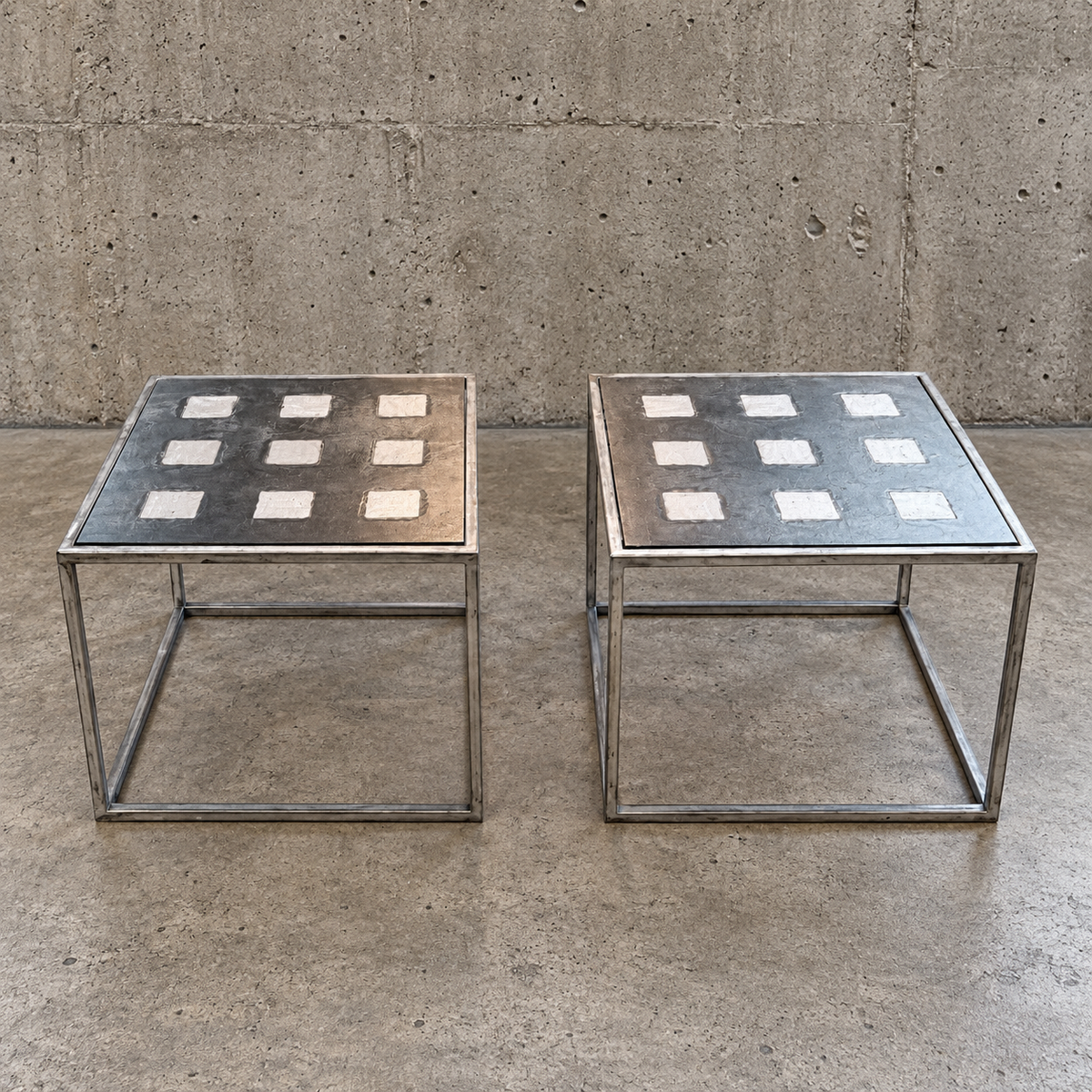 Set of three industrial / brutalist side / coffee tables / 1990s