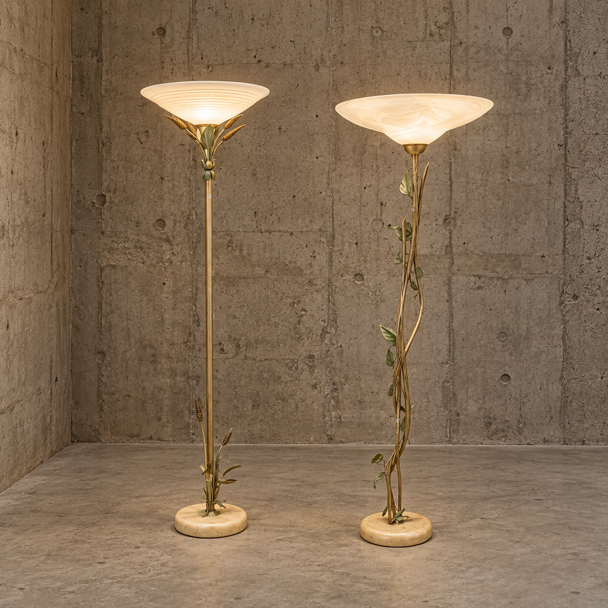 2 x floorlamp / botanic / floral metal decoration / 1970s /