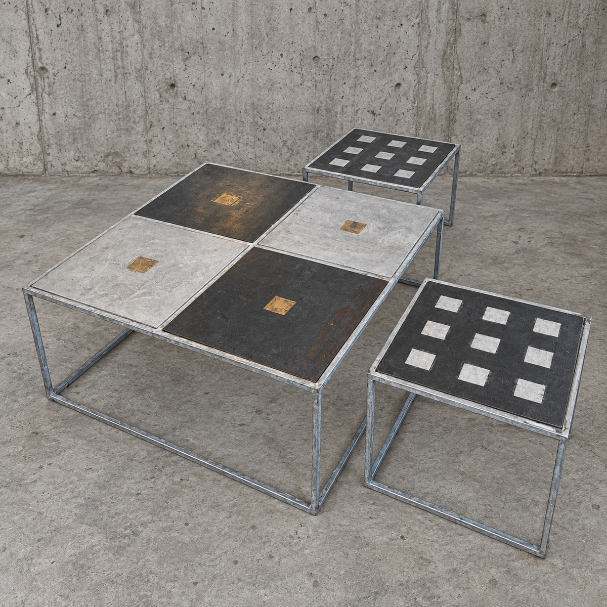 Set of three industrial / brutalist side / coffee tables / 1990s