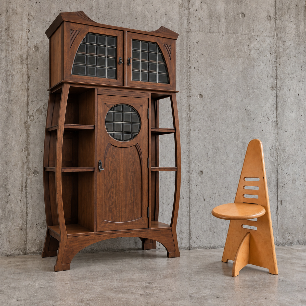 Eclectic design / Art Nouveau / Jugendstil / Oak sideboard / 1960s / Height 190 cm