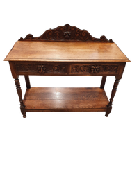 Victorian Gothic Oak side table, decorative carved round 1920. Green Mask decoration