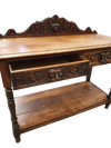Victorian Gothic Oak side table, decorative carved round 1920. Green Mask decoration