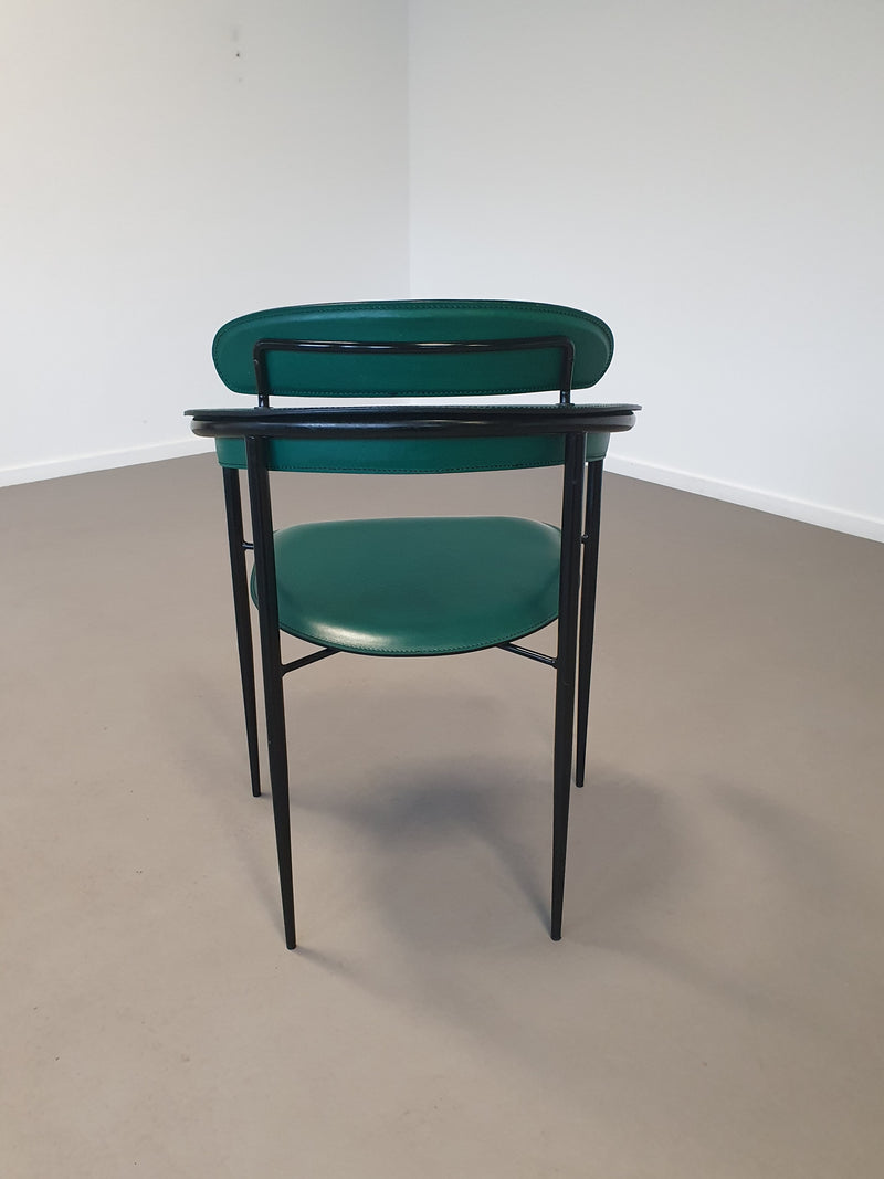 Set of Six Rare Green Leather Stiletto Chairs by Arrben with  black Frame