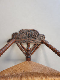Dutch Triangular Turned Wood Corner Chair Rush Seat Knitting Armchair